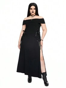 ROMWE Gothic Style Cross Metal Off Shoulder Top And High Slit Midi Skirt Plus-Size 2pcs/Set - Black - View 5