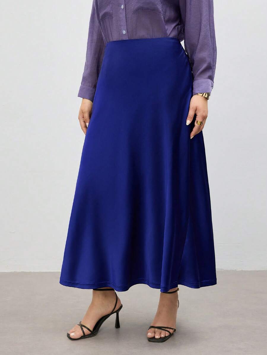BizChic Falda noble y elegante de talla grande de satén tejido de unicolor - Azul Marino - Ver 1
