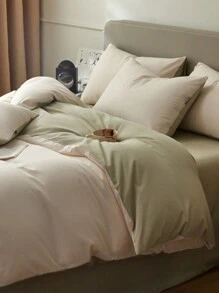 3pcs & Green Dorm Bedroom Bedding Set, Including 1pc Duvet Cover & 2pcs Pillowcases, Super Soft Machine Washable, Back To School Bedding - Creamy White - View 6