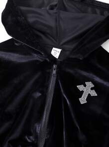 SHEIN Áo khoác hoodie ngắn in họa tiết đá pha lê nhung cho bé gái, thời trang đa năng - màu đen - Xem 4