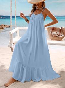 Breezaya Vestido largo amplio con fruncidos de un solo color, para vacaciones y atuendos de playa de mujer - Azul - Ver 5