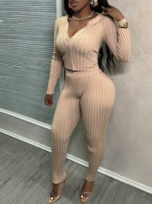 Slaydiva 女士纯色长袖连帽毛衣上衣和裤子两件套 - 卡其色 - 查看 4