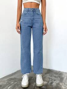 SHEIN Cottnline High Waist Straight Leg Jeans - Medium Wash - View 4