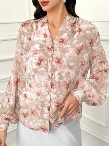 Modelyn 女士優雅花卉印花V領長袖襯衫 - 彩色 - 查看 5