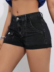 SHEIN EZwear 女性夏季休閒牛仔短褲，口袋設計 - 黑色 - 查看 6