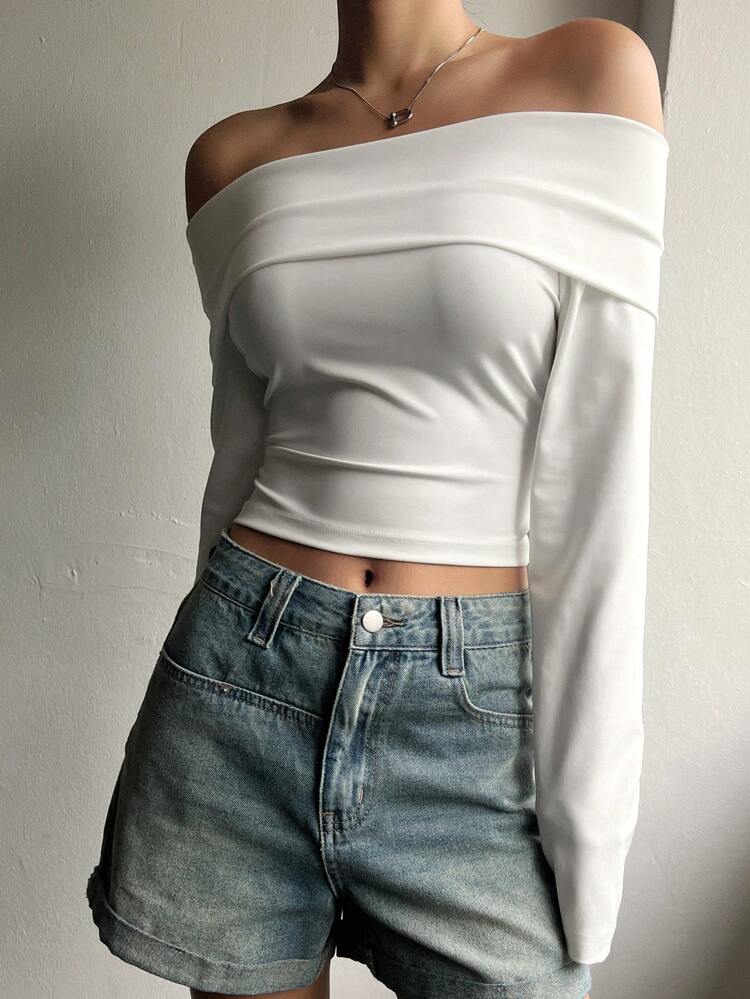 Women's Simple Solid Color Off-Shoulder Slim Fit T-Shirt, Daily Wear,Crop Tops Women,Off Shoulder Top Going Out Tops