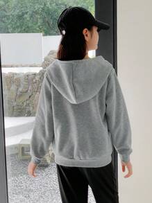SHEIN Tween Girl Solid Color Front Zip Pocket Hooded Sweatshirt, Daily Casual Wear