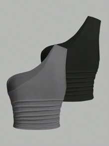 SHEIN EZwear 2pcs/Set Plus Size Women Black & Gray Shoulder Strap Top - Grey - View 2