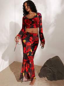 SHEIN VCAY Women's Vacation Tie Dye Printed Two-Piece Outfit With Draped Neck, Fish Tail Skirt - Multicolor - View 4