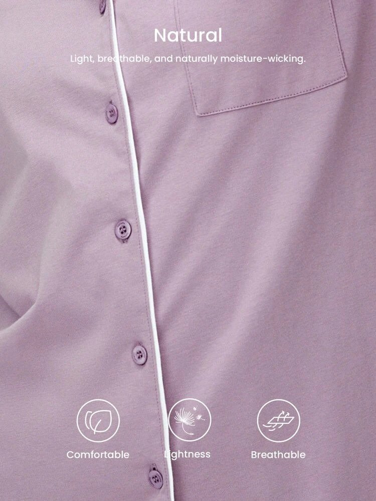 Conjunto de pijama largo básico de 100% algodón puro suave de color púrpura para otoño e invierno, conjunto de ropa de estar en casa para mujeres con pantalones con bolsillos