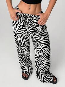 SHEIN EZwear Women's Stylish Animal Print Wide Leg Pants With Zebra Print For Everyday Wear - Black and White - View 3