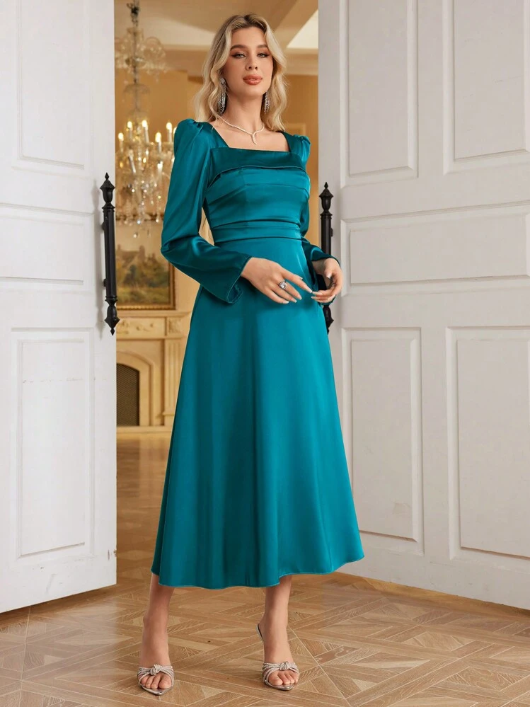 Green Teenage Girl Formal Wear SHEIN Belle Women's Spring/Summer Solid  Color Square Neck Bubble Long