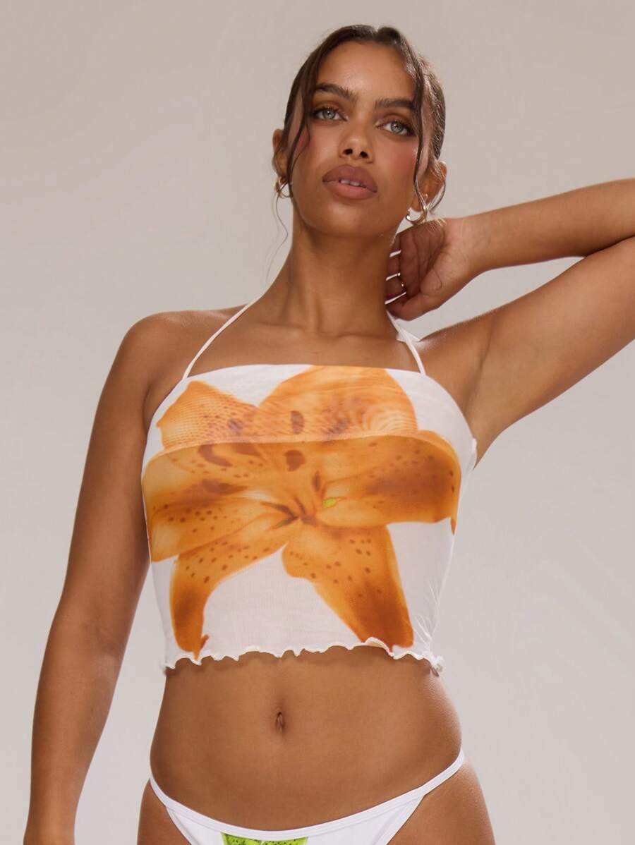 MUSERA Floral Sheer Mesh Halterneck Top Summer Ibiza Going Out Tops