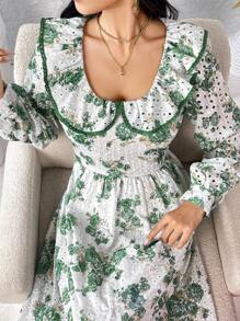 Seusyu 女士隨機印花簡約日常長袖連衣裙 - 綠色 - 查看 4