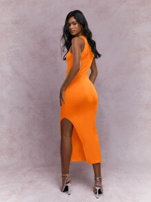 MISSGUIDED Jersey Round Neck Side Slit Tank Dress - Orange - View 2