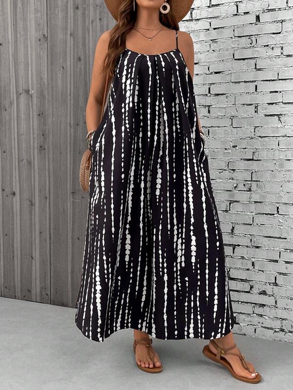 SHEIN VCAY Plus Size Tree Pattern Spaghetti Strap Backless Vacation Style Loose & Comfortable Dress,Beach Dress Sundress,Holiday Outfits Boho