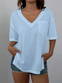 Muchica Áo cổ chữ V trễ vai xuyên thấu, kỳ nghỉ thông thường - Màu xanh nhạt - Xem 3