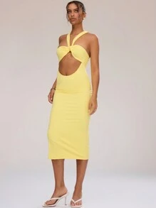 MUSERA 性感可爱春夏派对外出度假风中长连衣裙，前襟扭结设计，性感迷人，适合春夏派对、外出和度假。 - 黃色 - 查看 4