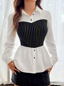 Muchica Spring/Summer Black & White Striped Loose Fit Long Sleeve Shirt With 2 In 1 Design - Black and White - View 1