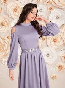 Modelyn Đầm dạ hội dài tay màu trơn cổ đứng khoét rỗng cho nữ - Màu tím - Xem 6