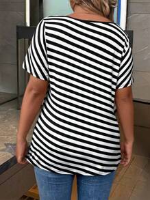 SHEIN Clasi Plus Size Women's Asymmetric Collar Striped Short Sleeve Casual T-Shirt, Summer