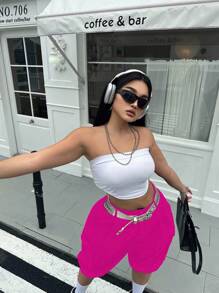 POPSWAY Plus Size Work Shorts With Covered Pockets And Drawstring Hem - Hot Pink - View 4