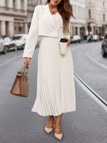 Ellevyn 優雅女士杏色短款西裝外套和百褶裙 - 杏色 - 查看 8