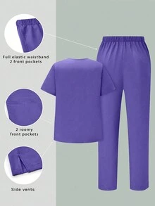 Plus Size Màu Trơn Đơn Giản Hàng Ngày Áo Sơ Mi Tay Ngắn Và Quần Dài Đồng Phục, Bộ Tẩy Tế Bào Chết Cho Nữ - Màu tím - Xem 2