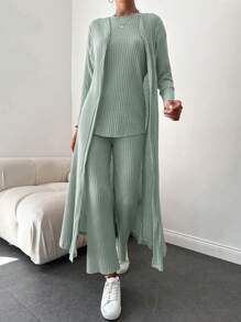 EURMUSE Ribbed Knit Tank Top & Pants & Open Front Coat - Mint Green - View 5