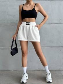 RueChic Letter Patched Detail Roll Up Hem Shorts - White - View 3