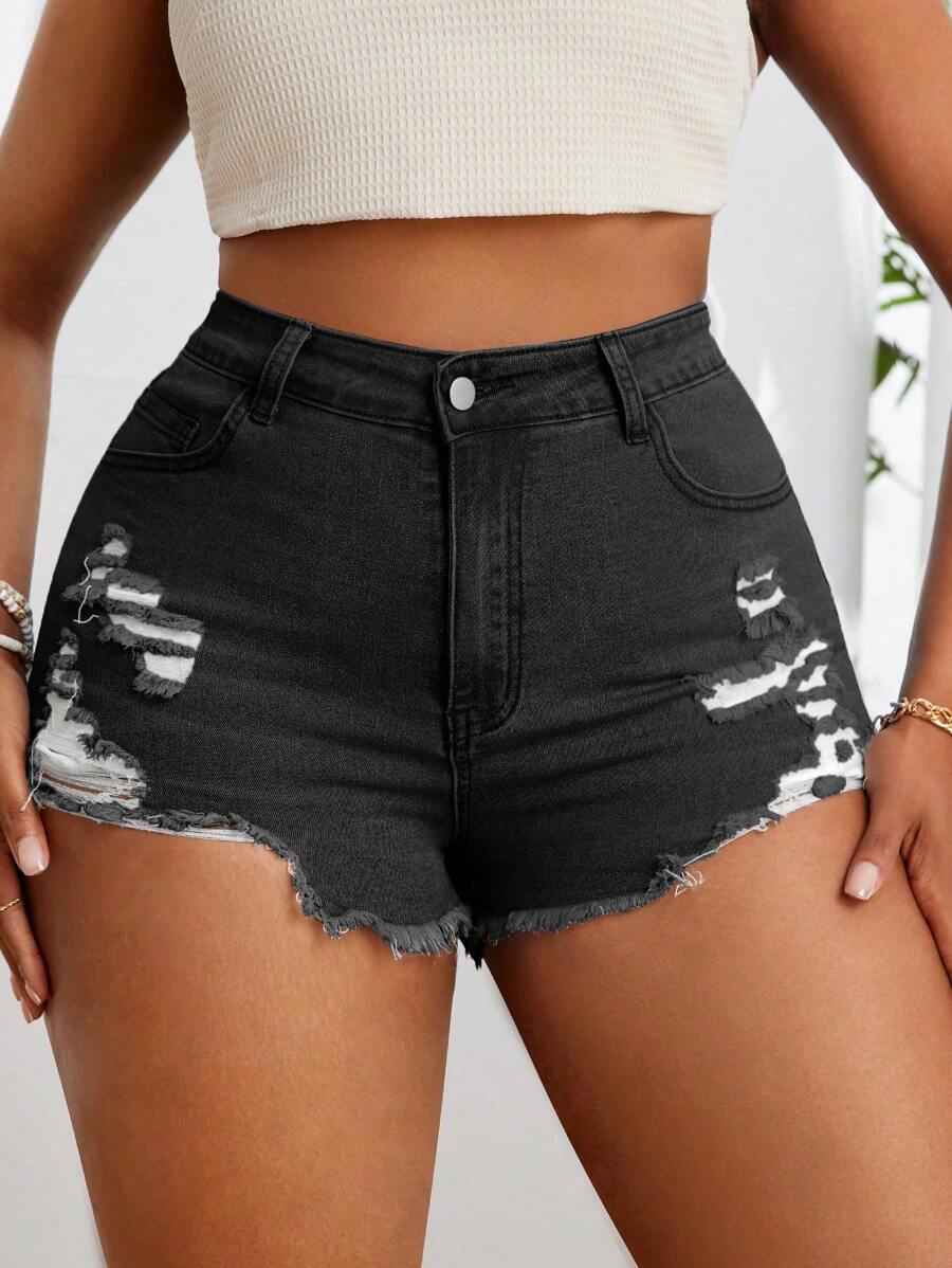 SHEIN SXY Plus Size Fashionable Distressed Denim Shorts With Pocket And Elasticity - Black - View 1