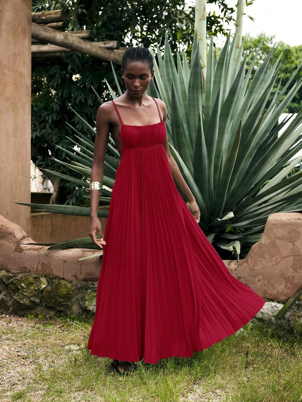 SHEIN Maija Women's Dark Red Elegant Sleeveless Pleated Beach Dress,Minimalist Summer Vacation Outfits,Easter Graduation Party Dress,Warm Weather Summer Outfit