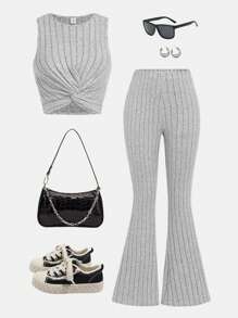 SHEIN Girlism Conjunto de ropa casual para adolescentes con blusa de tirantes gris con estampado de flores y pantalones acampanados en dos piezas - Gris - Ver 1
