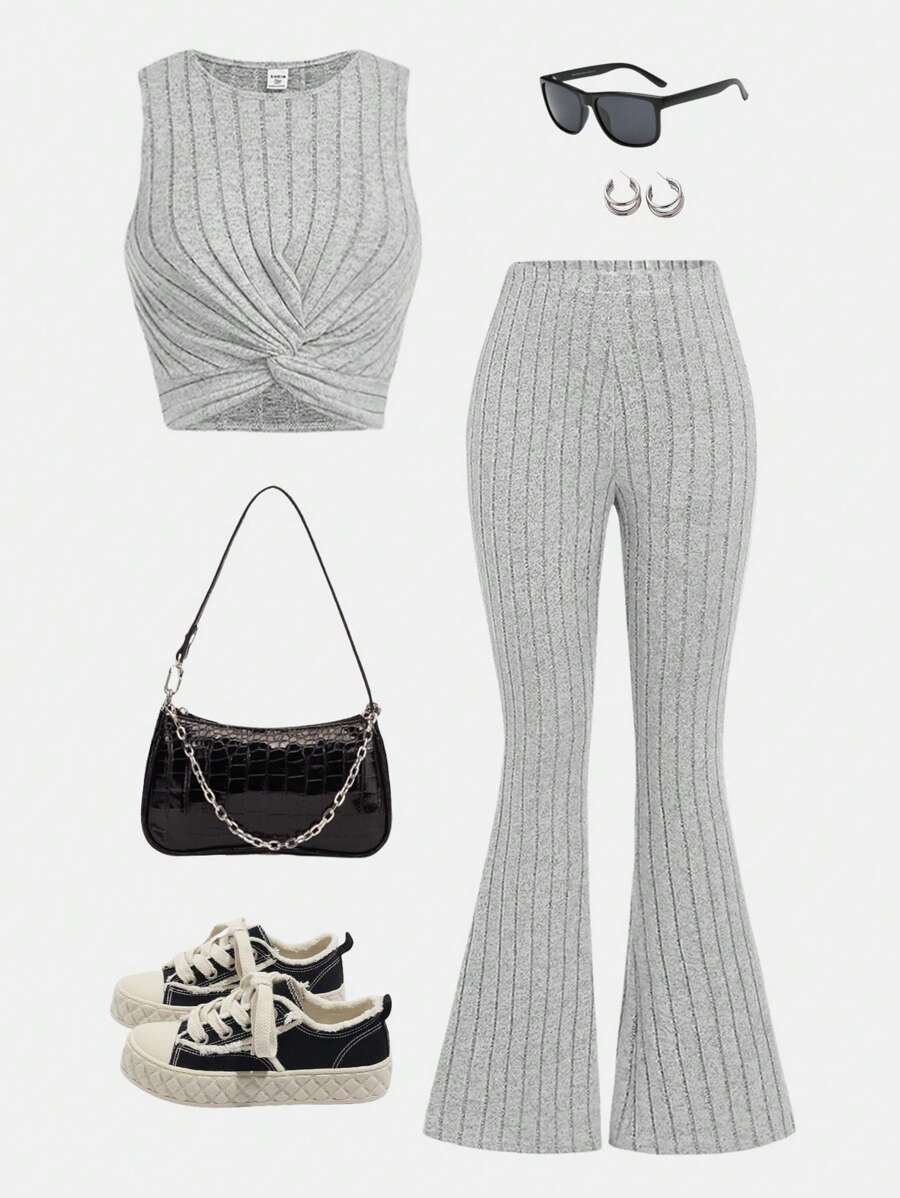 SHEIN Girlism Conjunto de ropa casual para adolescentes con blusa de tirantes gris con estampado de flores y pantalones acampanados en dos piezas - Gris - Ver 1