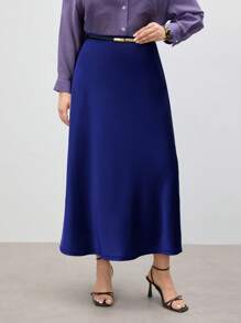 BizChic Falda noble y elegante de talla grande de satén tejido de unicolor - Azul Marino - Ver 4