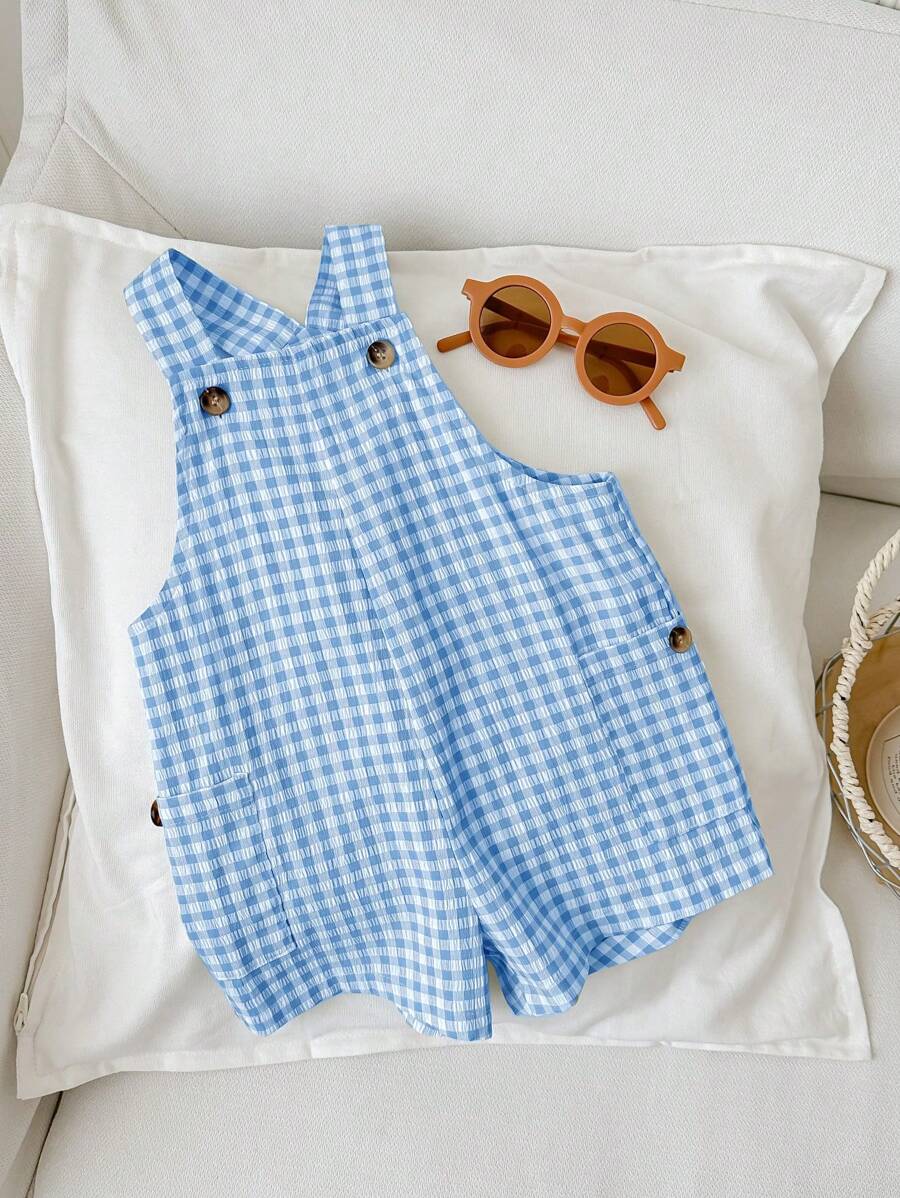 SHEIN Baby Boy Summer Cute Plaid Patterned Jumpsuit With Suspenders, For Christmas - Blue - View 1