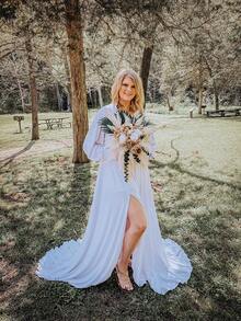 Maternity Gown Lantern Sleeves Baby Shower Dress Side Slit Photoshoot Maxi Dress For Baby Shower