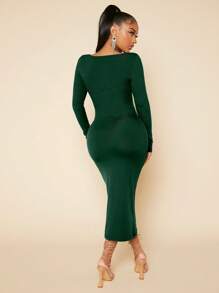 SHEIN SXY Solid Scoop Neck Long Sleeve Bodycon Dress For Dailywear Fall Clothes Women - Dark Green - View 2