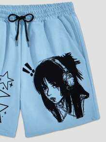 ROMWE MEN Anime 手繪款式男裝簡約印花短褲 - 藍色 - 查看 3