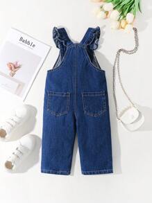 SHEIN Playful Pals Cute Washed Denim Overalls For Baby Girls, Versatile Daily Wear