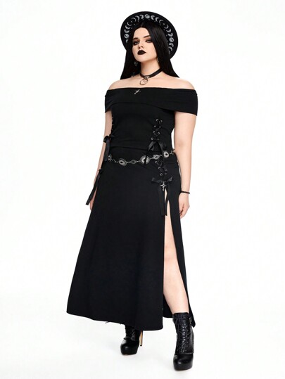 Gothic Style Cross Metal Off Shoulder Top And High Slit Midi Skirt Plus-Size 2pcs/Set