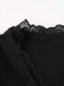 INAWLY Contrast Lace Slim Fit Scoop Neck T-Shirt, Spring Top Fall Cloth For Women - Black - View 6