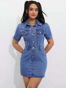 SHEIN EZwear Vestido vaquero con bolsillos de solapa y botones frontales para verano - Lavado ligero - Ver 5