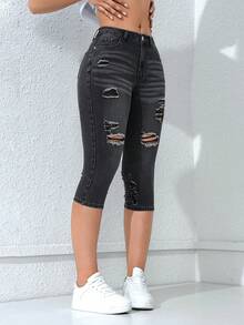 SHEIN EZwear 女士簡約破洞牛仔褲，夏季日常款帶織邊 - 灰色 - 查看 6