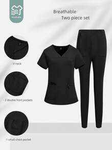 TaskEZ Plus Size Solid Color Simple Daily Short Sleeve Shirt And Pants Uniform Scrub Set - Black - View 5