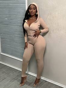 Slaydiva 女士纯色长袖连帽毛衣上衣和裤子两件套 - 卡其色 - 查看 8