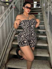 Flirla Mono de leopardo de moda de verano de talla grande, ajuste delgado