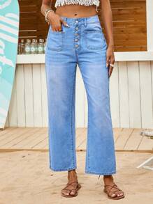 SHEIN Tall 女性鬆身直筒牛仔褲，鈕扣開襟，休閒度假風格，藍色 - 中等水洗藍 - 查看 3