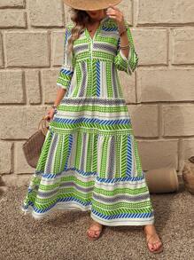 Breezaya Vestido estampado de manga 3/4 con escote en V para mujer