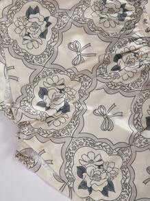 Floral Printed Silk-Like Short Sleeve Pajama Set With Open Front Top And Shorts - Apricot - View 5